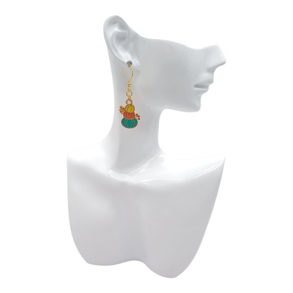 Stacked Pumpkin Earrings | Fall Autumn Thanksgiving Cozy Dangle Jewelry - Picture 4 of 4